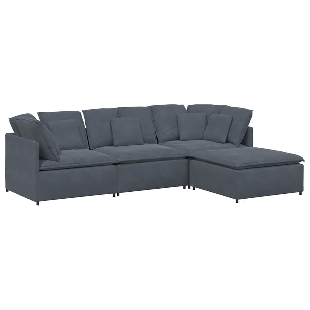 Sofá modular con reposapiés y cojines en terciopelo gris oscuro