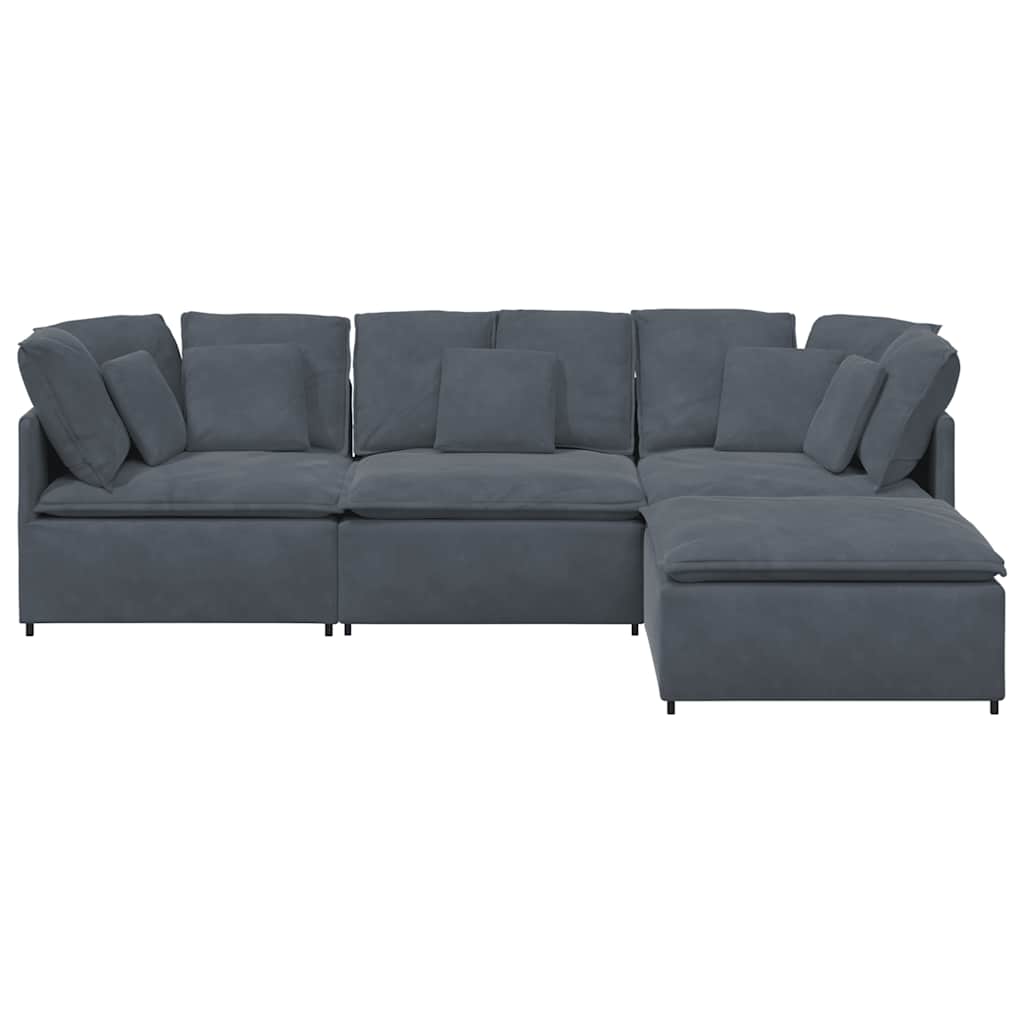 Sofá modular con reposapiés y cojines en terciopelo gris oscuro