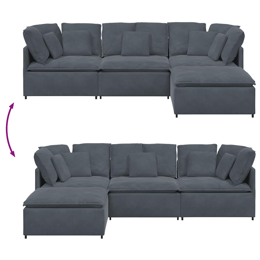 Sofá modular con reposapiés y cojines en terciopelo gris oscuro