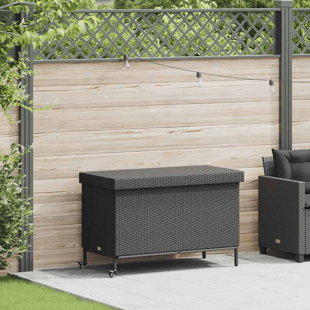 Baúl de jardín con ruedas ratán sintético beige 110x55x73 cm
