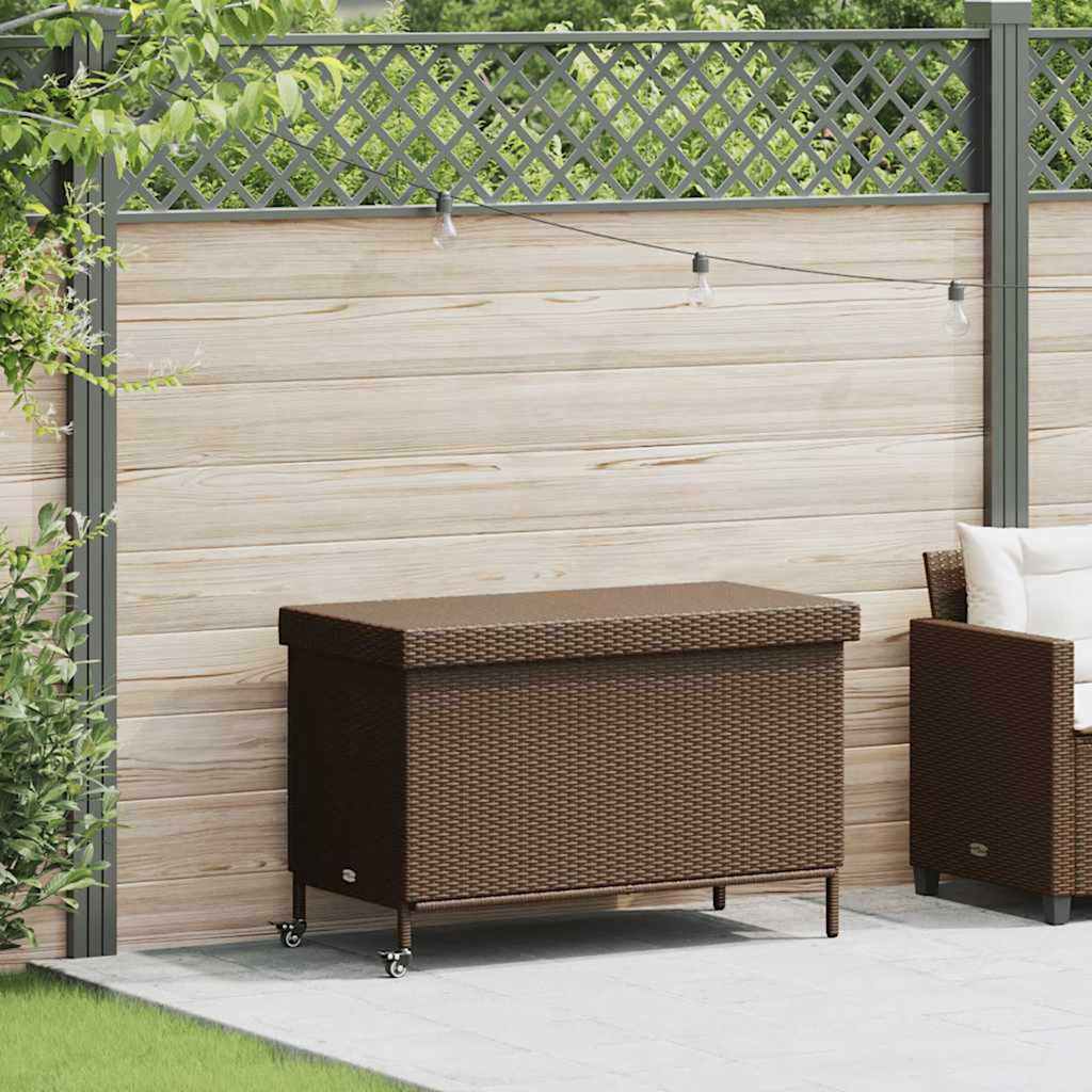 Baúl de jardín con ruedas ratán sintético beige 110x55x73 cm