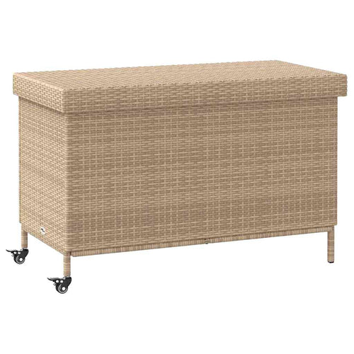 Baúl de jardín con ruedas ratán sintético beige 110x55x73 cm