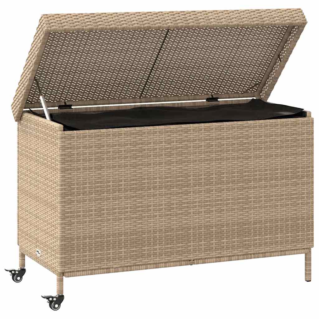 Baúl de jardín con ruedas ratán sintético beige 110x55x73 cm