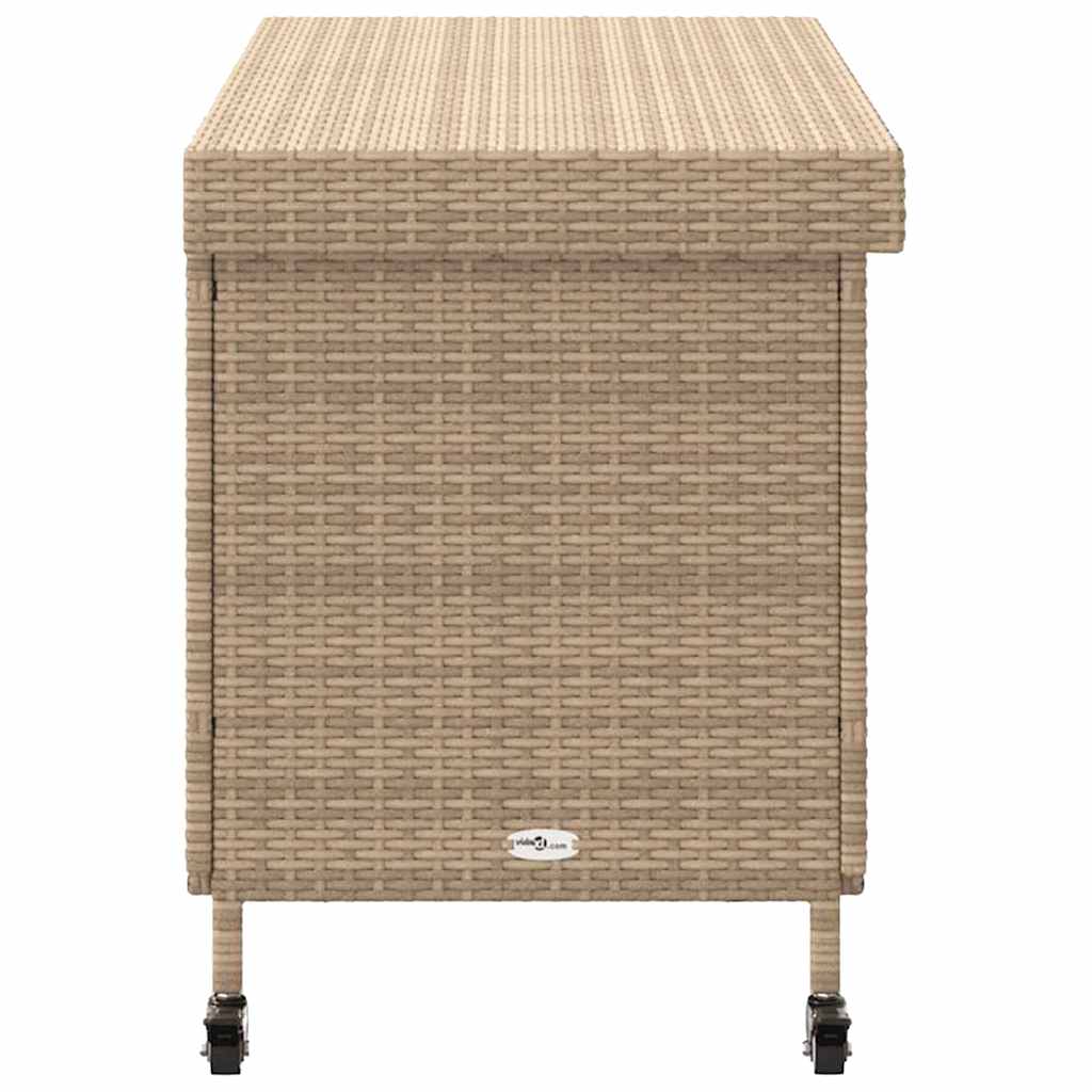 Baúl de jardín con ruedas ratán sintético beige 110x55x73 cm