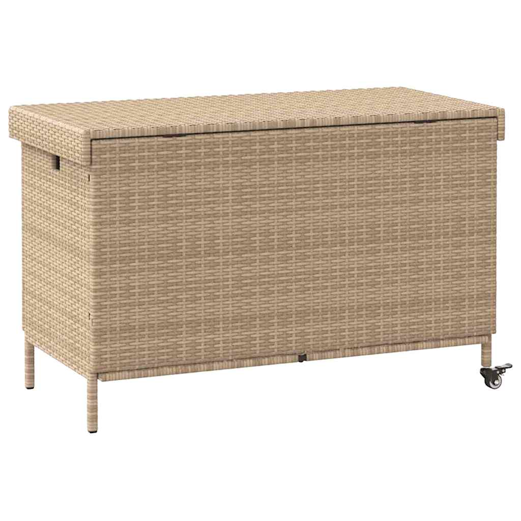 Baúl de jardín con ruedas ratán sintético beige 110x55x73 cm