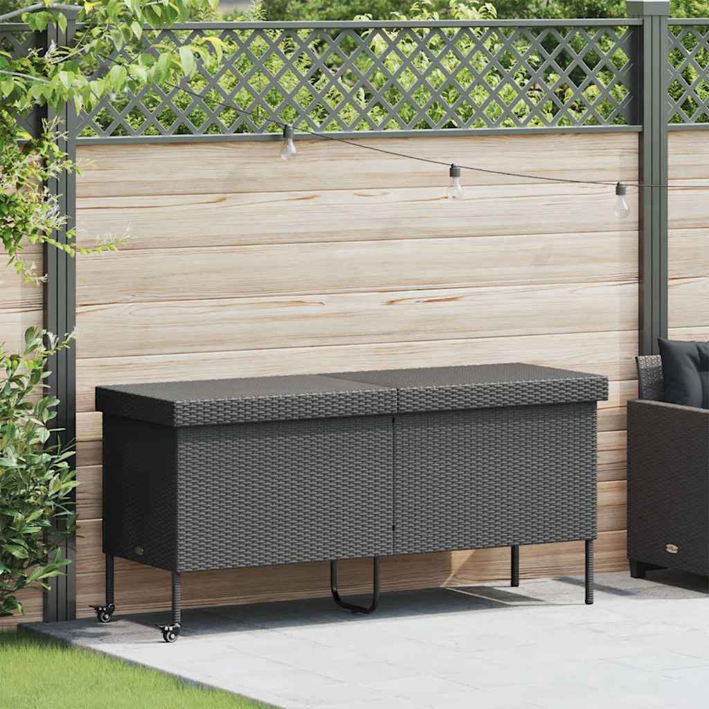Baú de arrumação de jardim com rodas cinzento claro 160x55x75 cm vime sintético