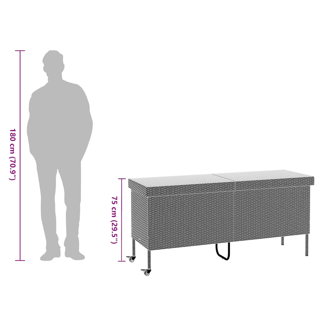 Baú de arrumação de jardim com rodas cinzento claro 160x55x75 cm vime sintético