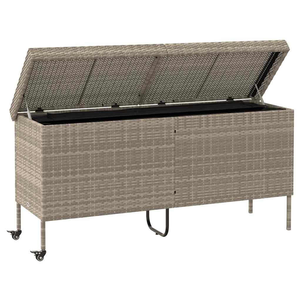 Baú de arrumação de jardim com rodas cinzento claro 160x55x75 cm vime sintético