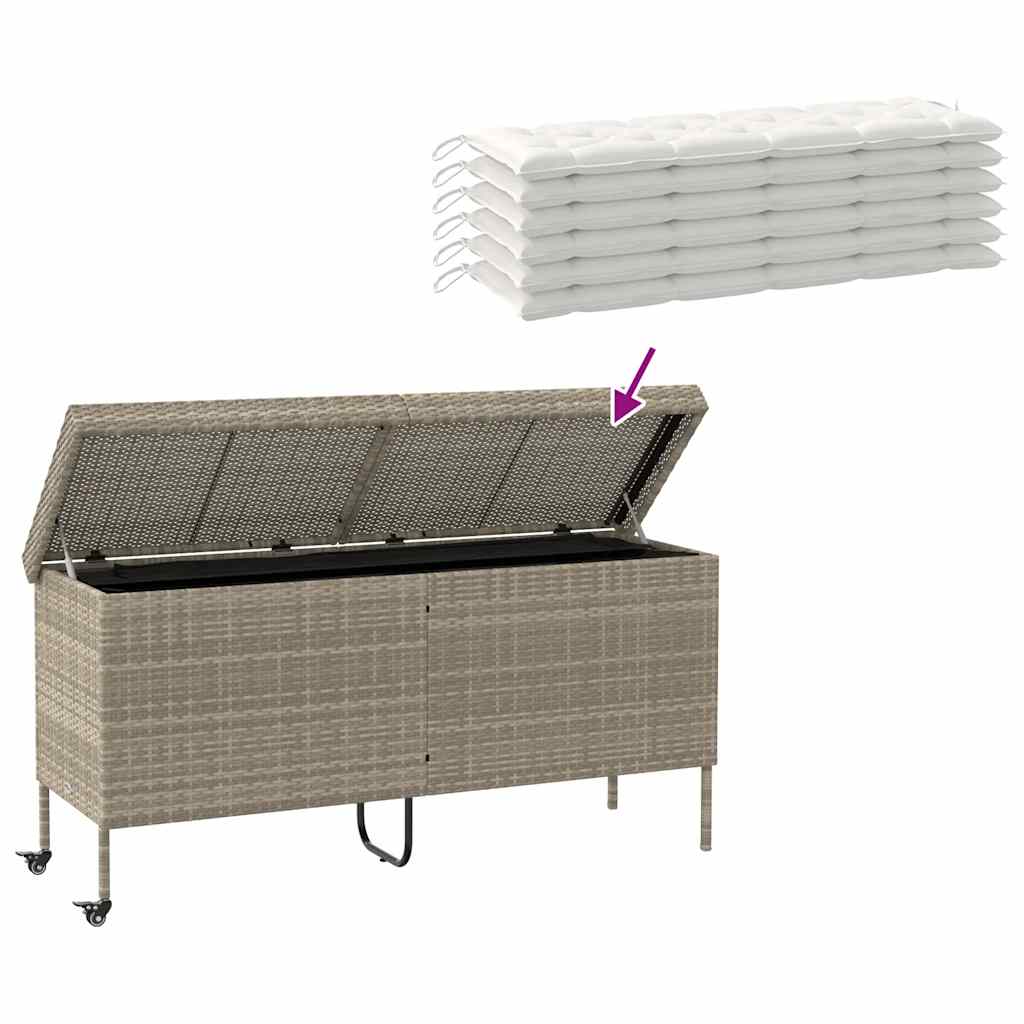 Baú de arrumação de jardim com rodas cinzento claro 160x55x75 cm vime sintético