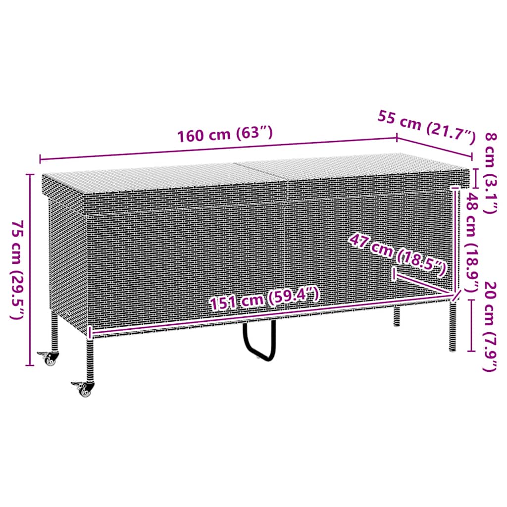 Baú de arrumação de jardim com rodas cinzento claro 160x55x75 cm vime sintético
