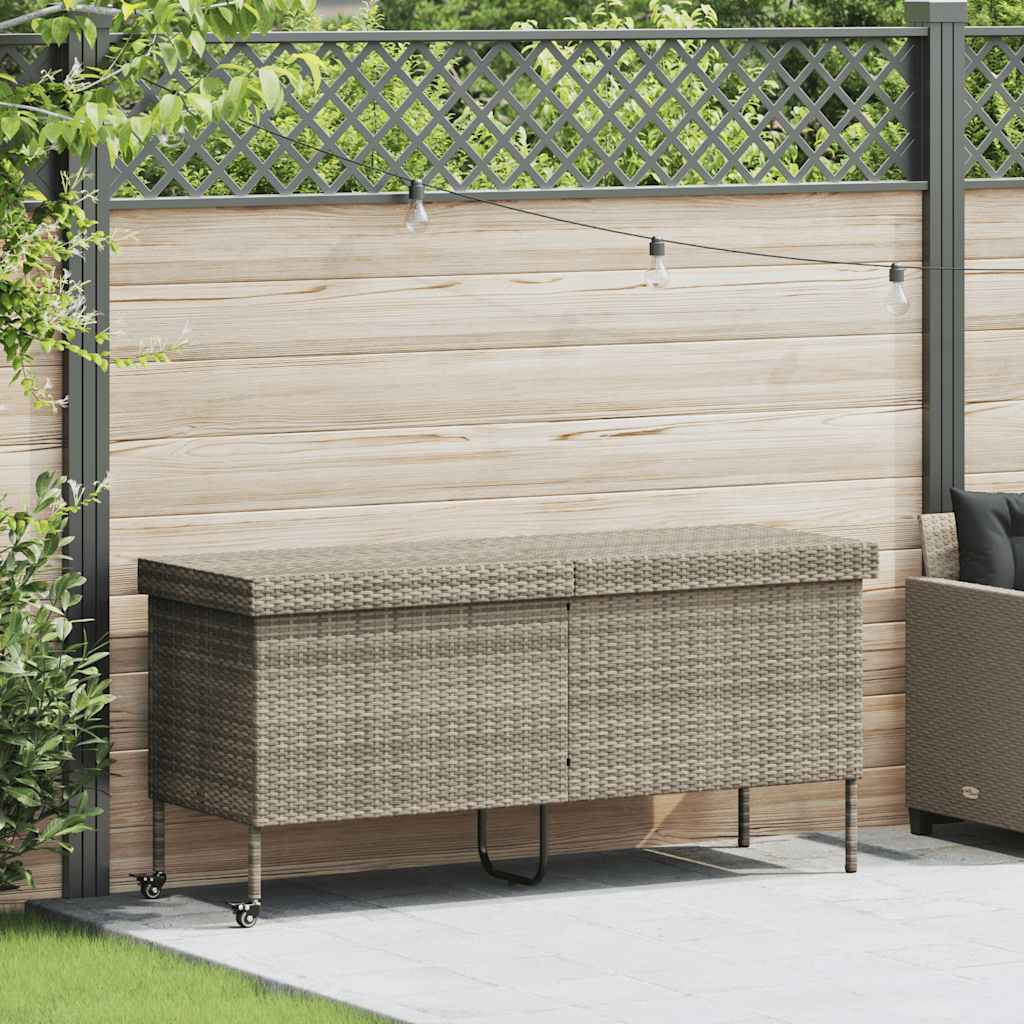 Baú de arrumação de jardim com rodas cinzento claro 160x55x75 cm vime sintético