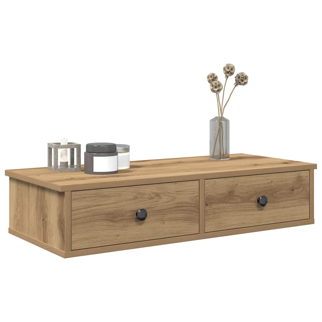 Handcrafted oak plywood wall shelf with drawers