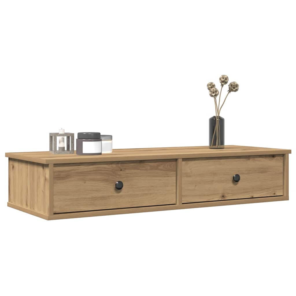 Handcrafted oak plywood wall shelf with drawers