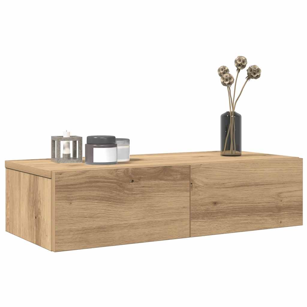 Handcrafted oak plywood wall shelf with drawers