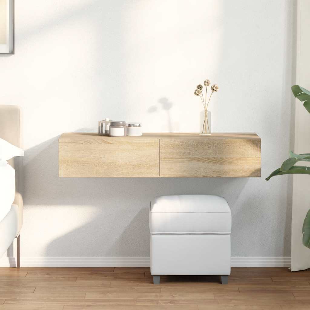 Handcrafted oak plywood wall shelf with drawers