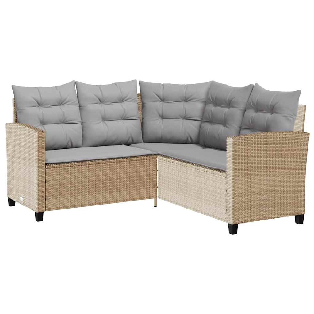 Sofá de jardín en forma de L con mesa y cojines ratán PE beige
