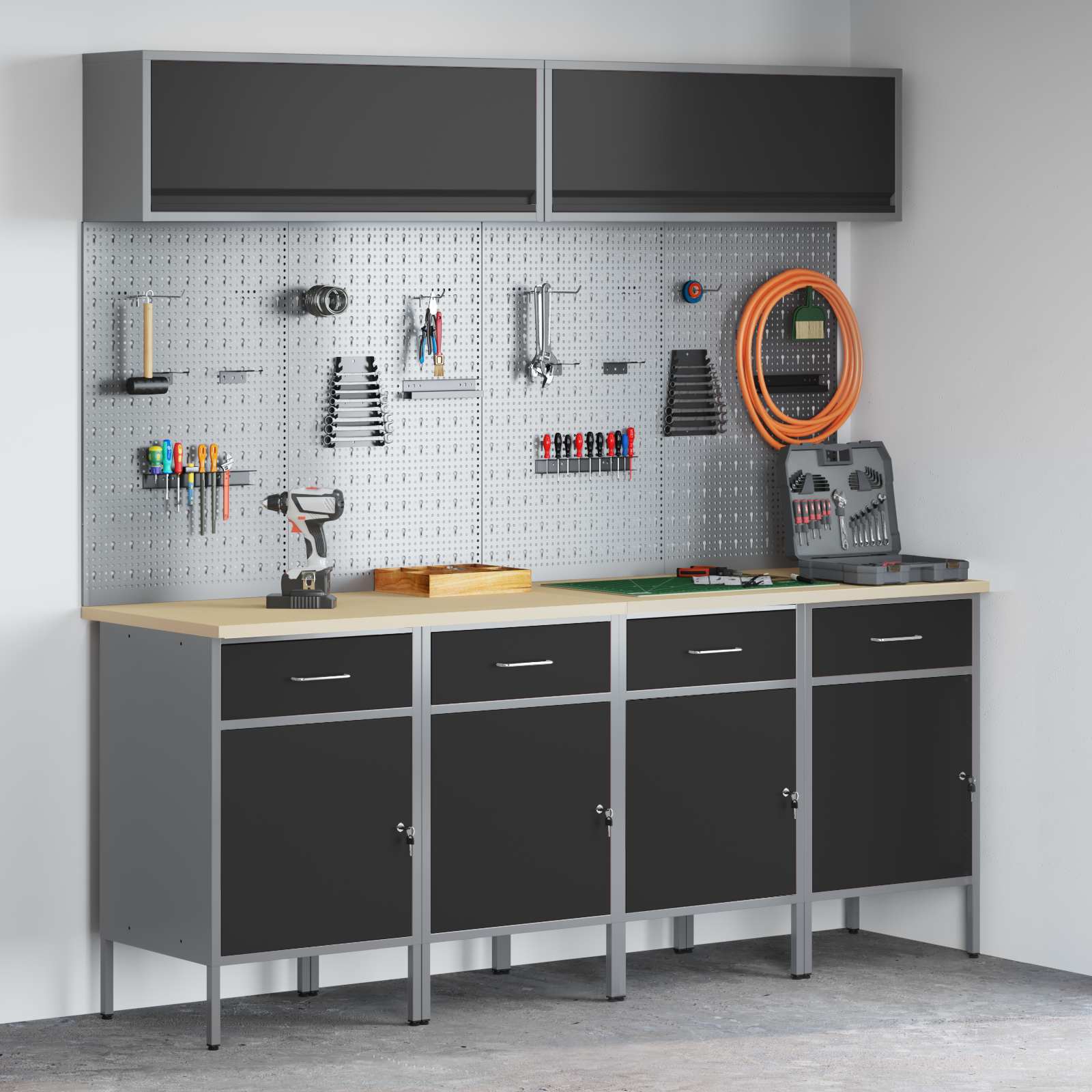 Conjunto de armarios de trabajo con cajón Manual 10 pcs Negro