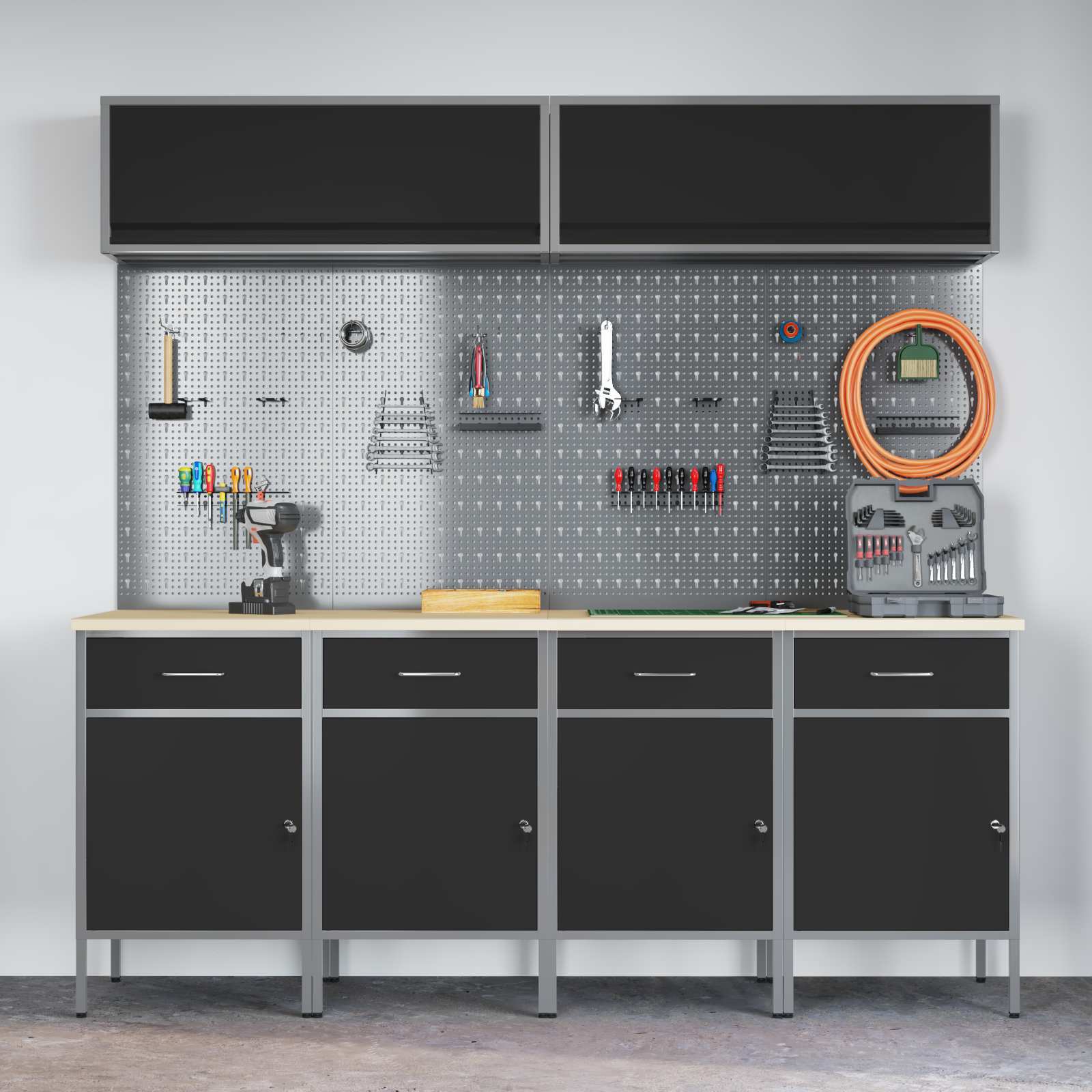 Conjunto de armarios de trabajo con cajón Manual 10 pcs Negro