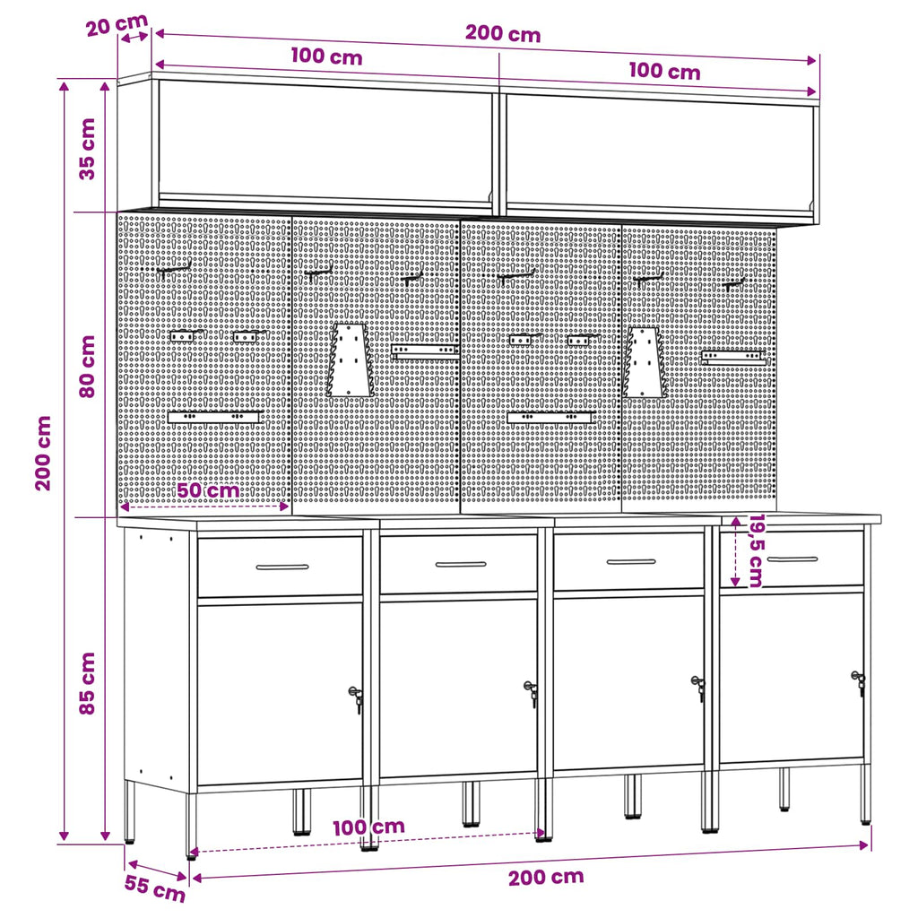Conjunto de armarios de trabajo con cajón Manual 10 pcs Negro