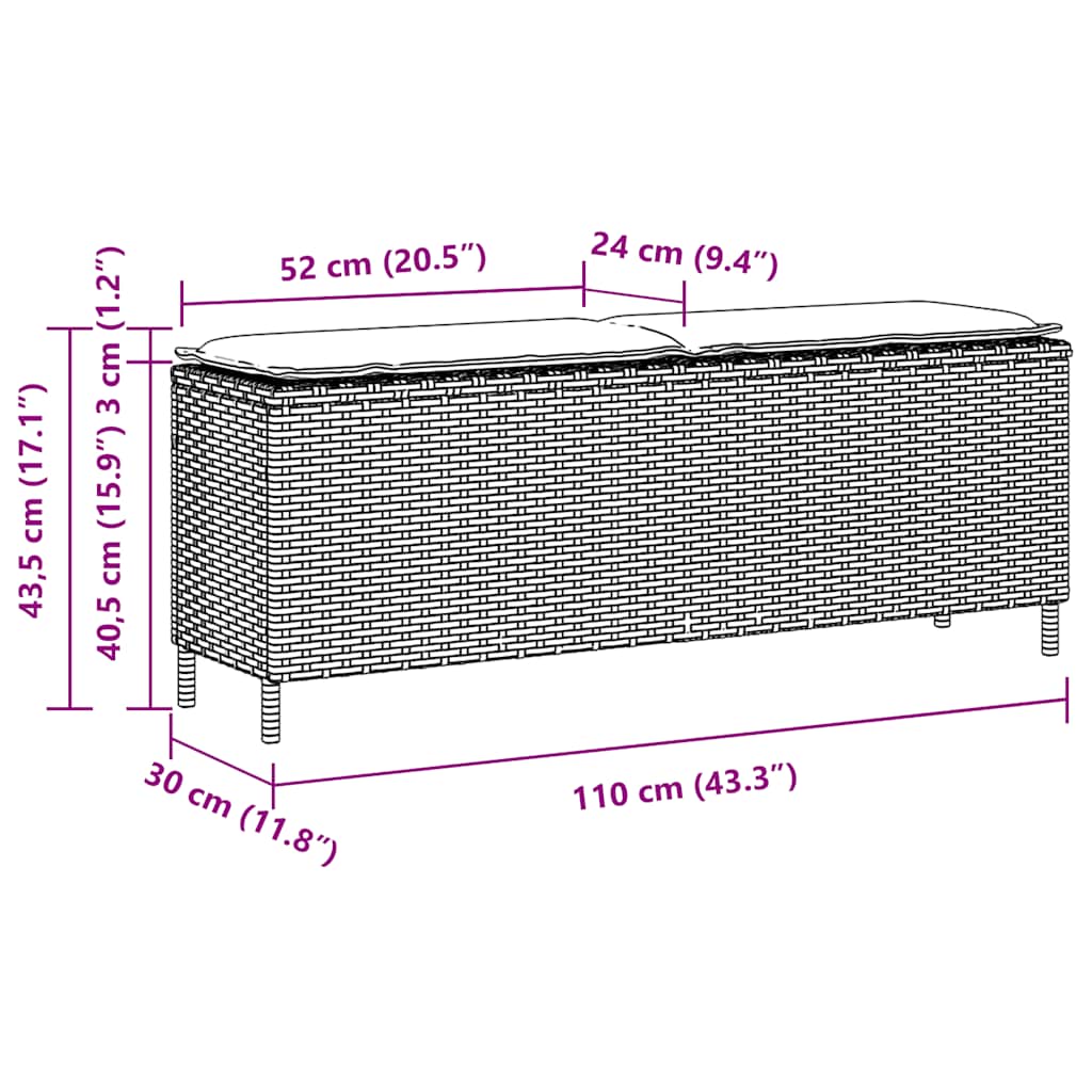 Light grey synthetic rattan garden bench with cushion 110x30x40.5cm