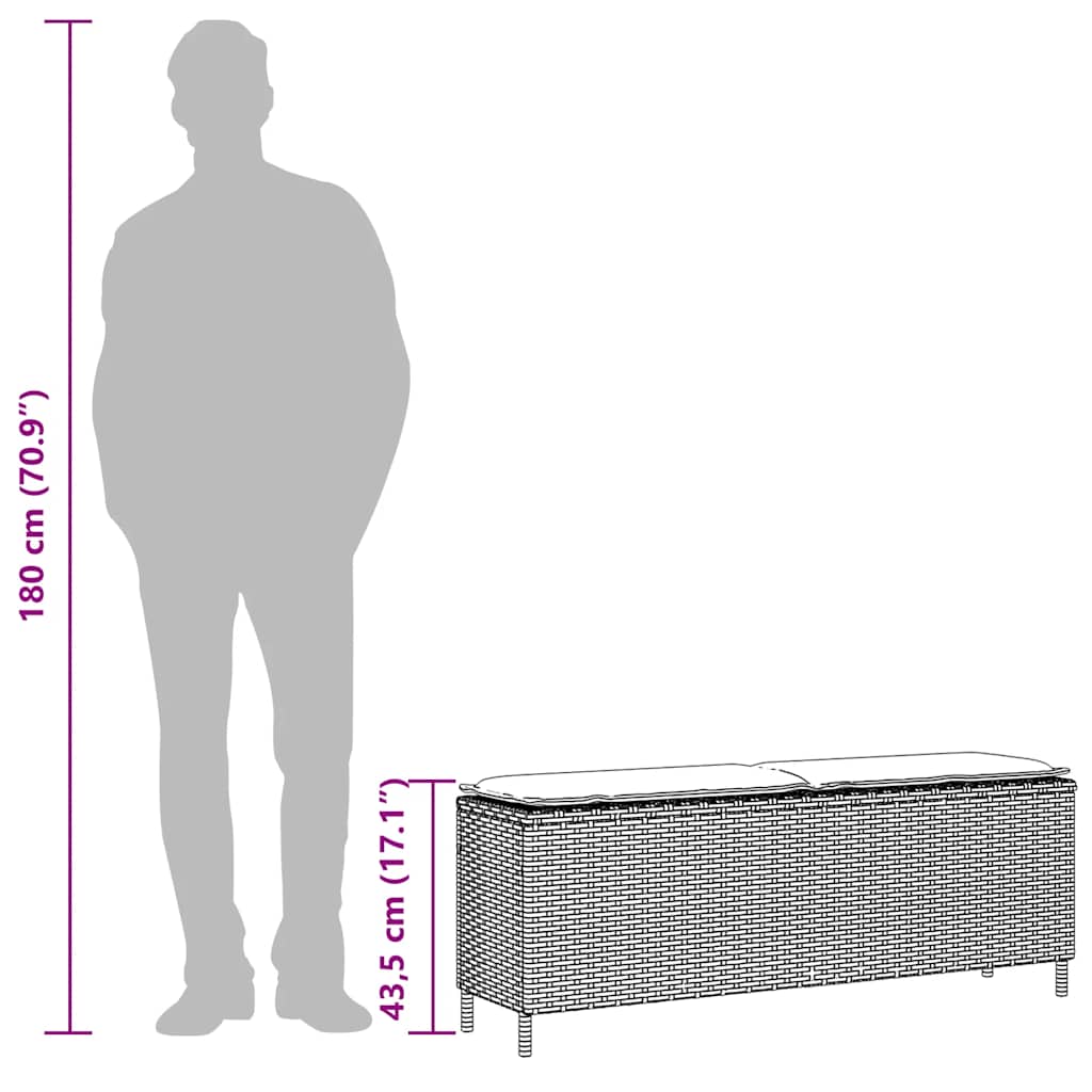 Light grey synthetic rattan garden bench with cushion 110x30x40.5cm