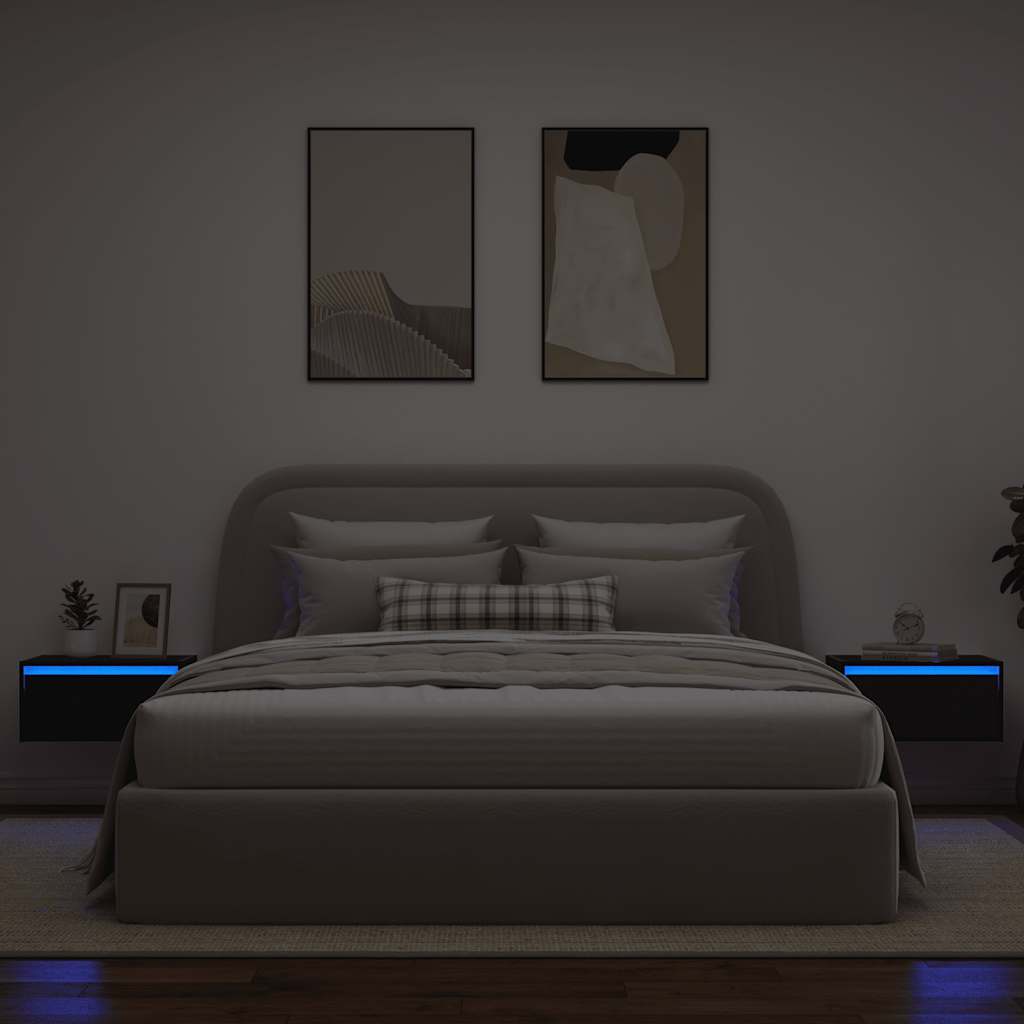 Mesitas de noche de pared con luces LED 2 unidades roble negro