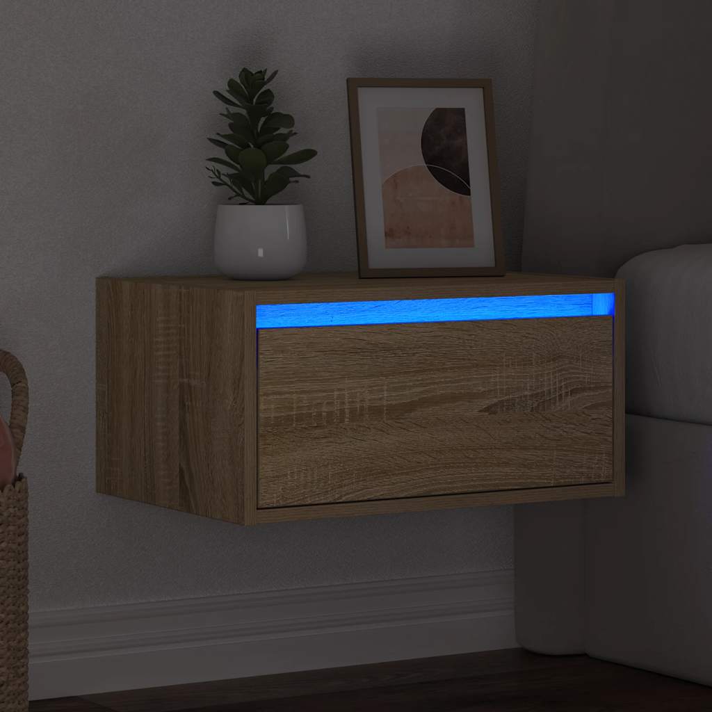 Mesita de noche de pared con luces LED roble Sonoma
