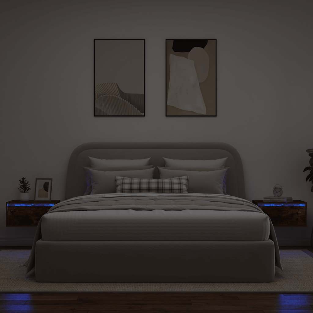 Mesitas de noche de pared con luces LED 2 uds roble ahumado