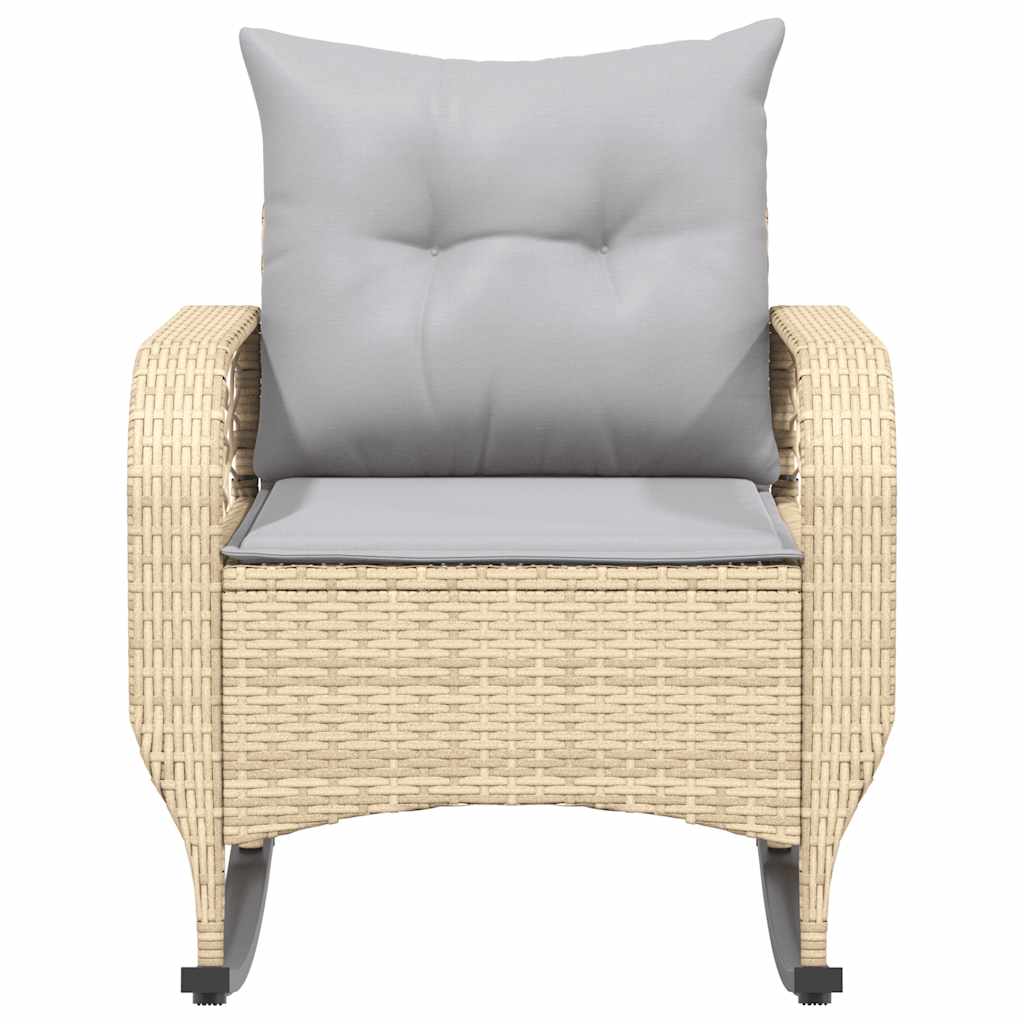 Silla mecedora de jardín con cojines ratán sintético beige