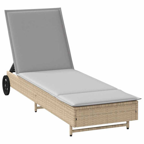 Sun lounger with wheels and beige synthetic rattan cushion