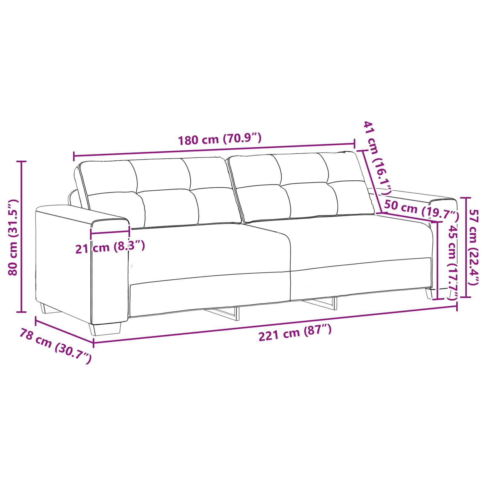 Sofá de 3 plazas Taupé 220 cm tela