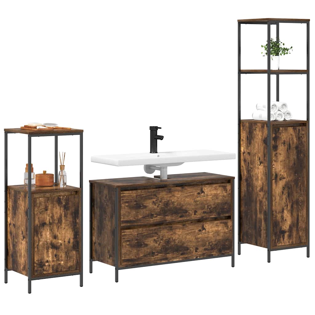 Juego de muebles de baño con cajón 3 pcs Roble ahumado