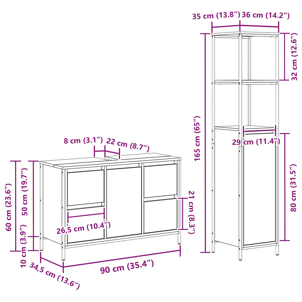 Juego de muebles de baño con cajón 2 pcs Roble Ahumado y Negro