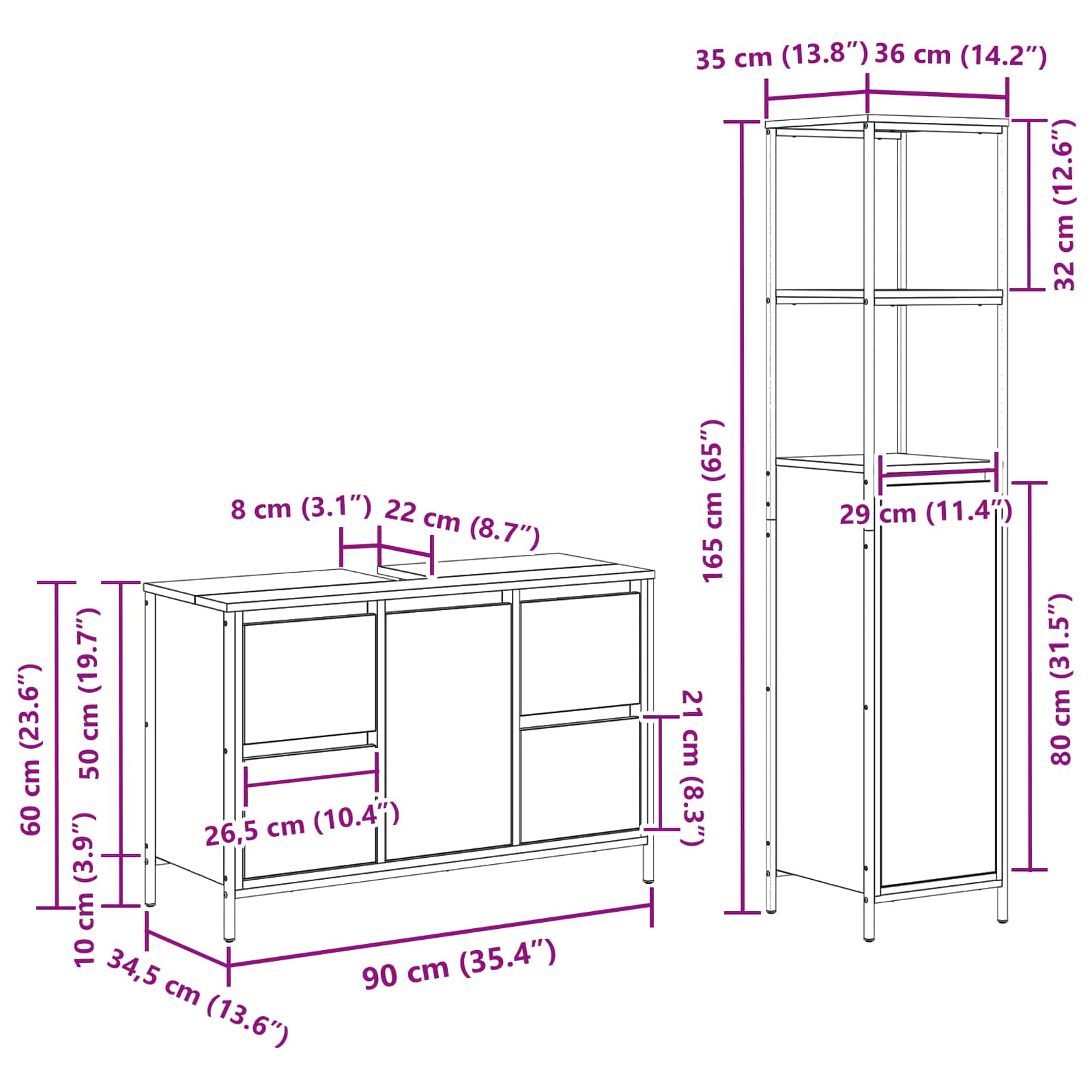 Juego de muebles de baño con cajón 2 pcs Roble Ahumado y Negro