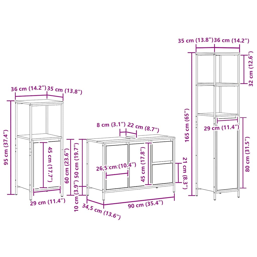 Juego de muebles de baño 3 pcs Roble Negro Madera contrachapada