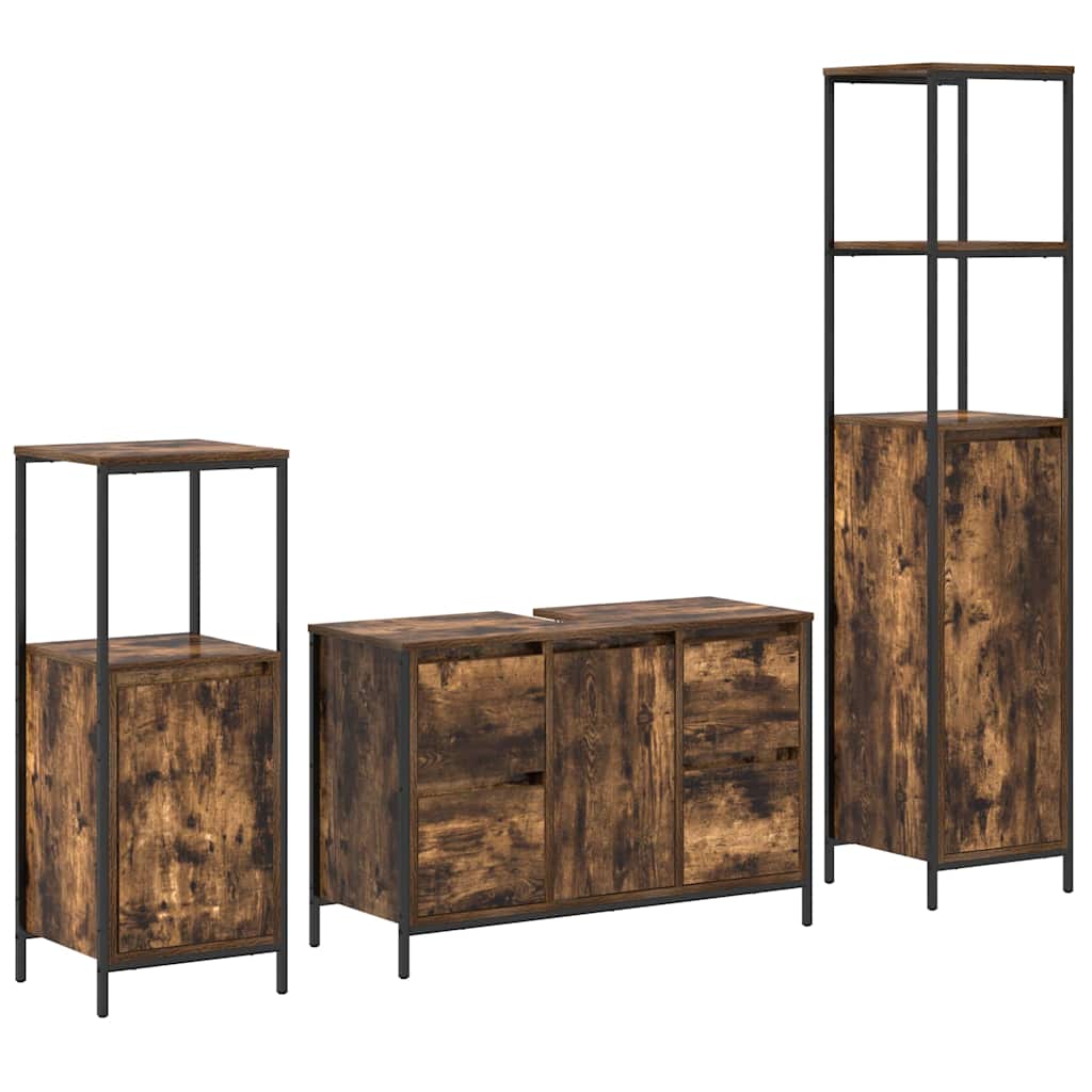 Juego de muebles de baño con cajón 3 pcs Roble Ahumado y Negro