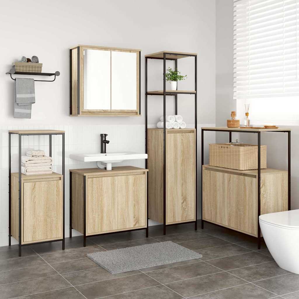 Juego de muebles de baño con estante 5 pcs Roble Sonoma y Negro