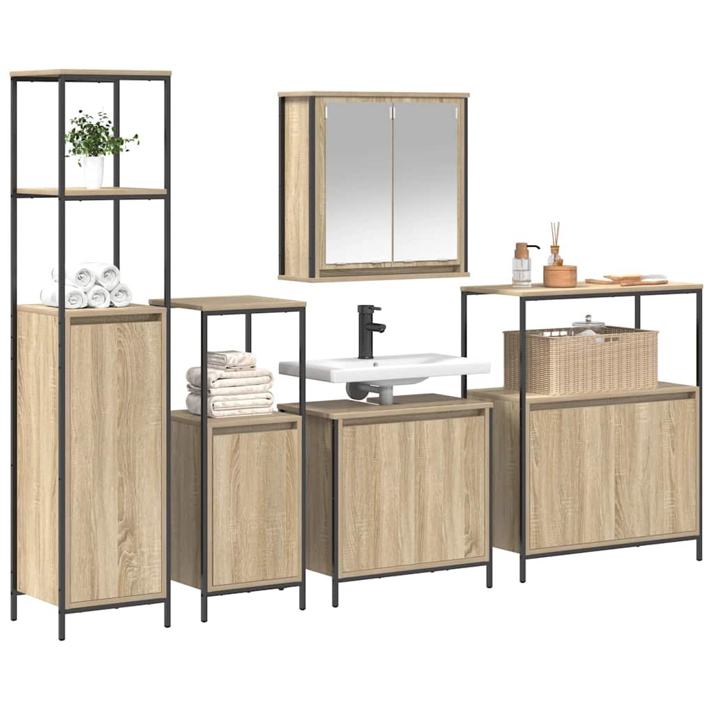 Juego de muebles de baño con estante 5 pcs Roble Sonoma y Negro