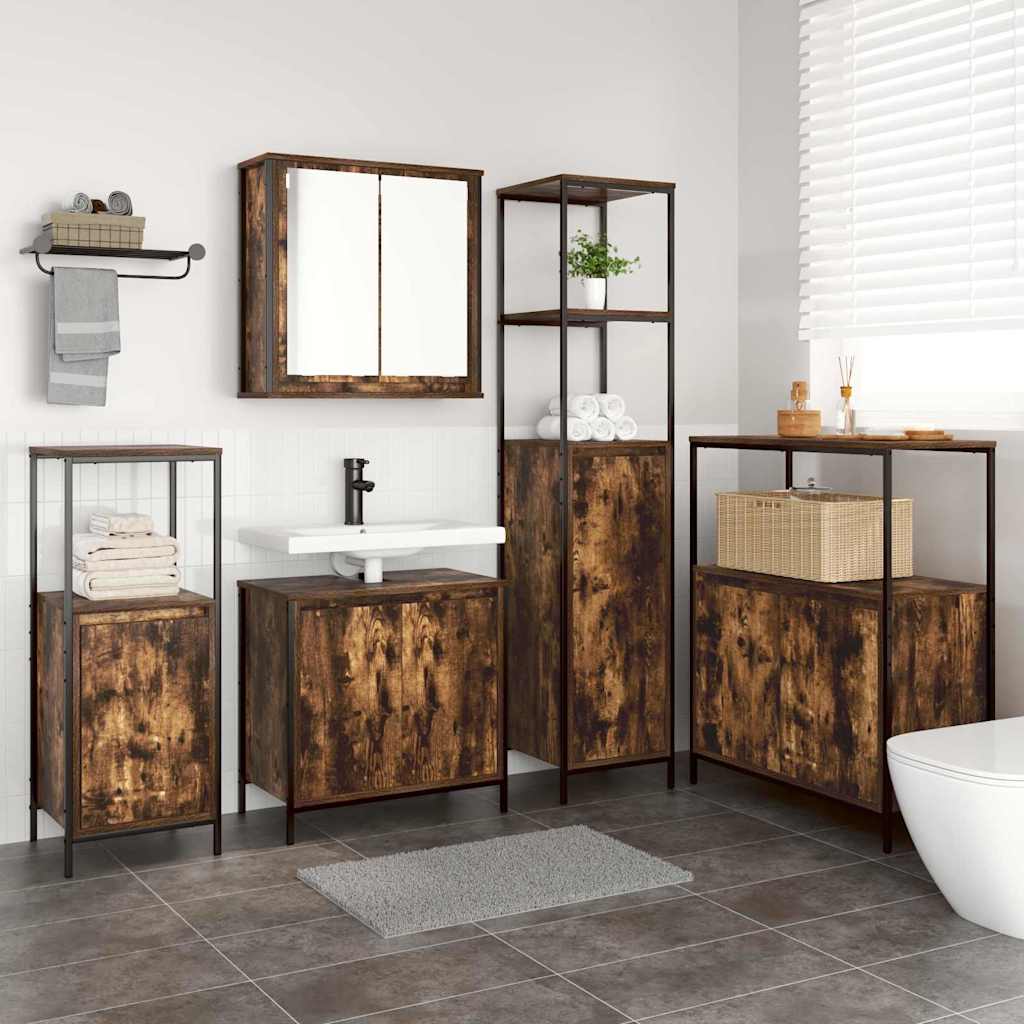 Juego de muebles de baño con puerta 5 pcs Roble Ahumado y Negro
