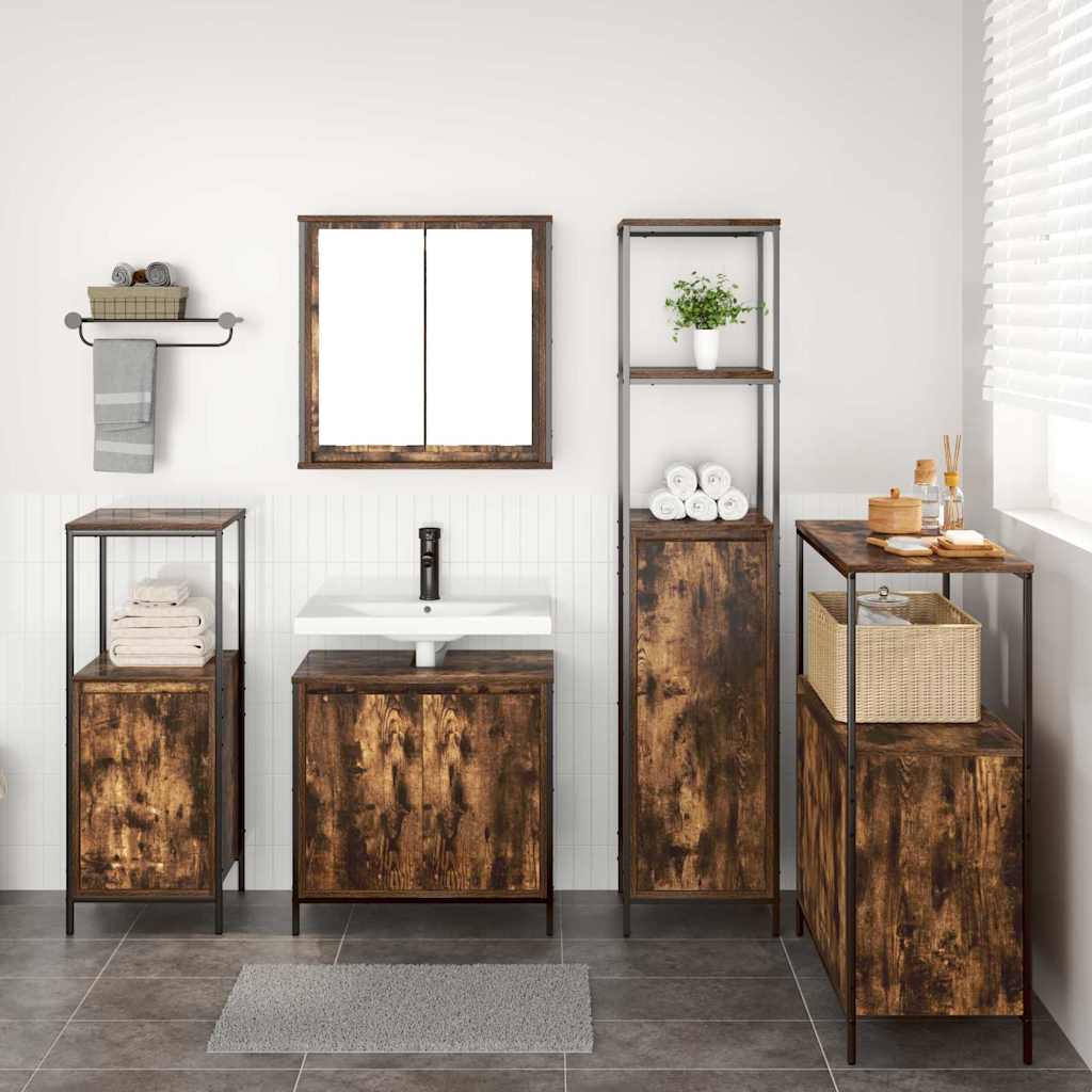 Juego de muebles de baño con puerta 5 pcs Roble Ahumado y Negro