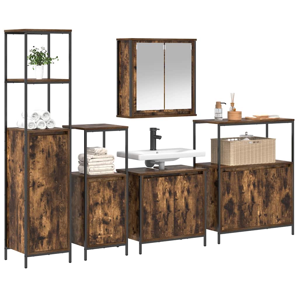 Juego de muebles de baño con puerta 5 pcs Roble Ahumado y Negro