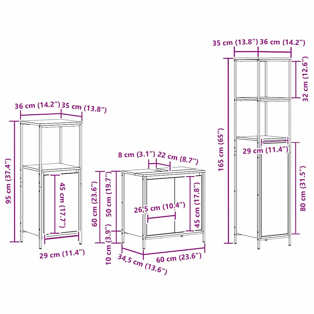 Juego de muebles de baño 3 pcs Roble Negro Madera de ingeniería