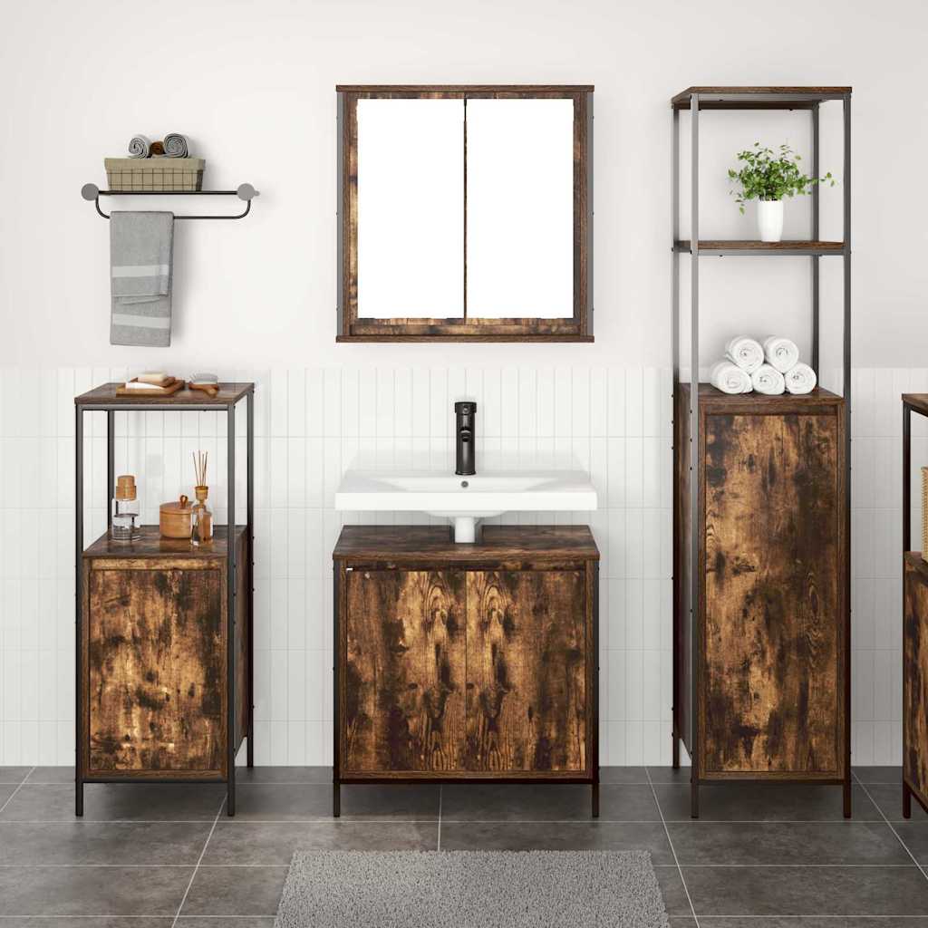 Juego de muebles de baño con puerta 3 pcs Roble Ahumado y Negro