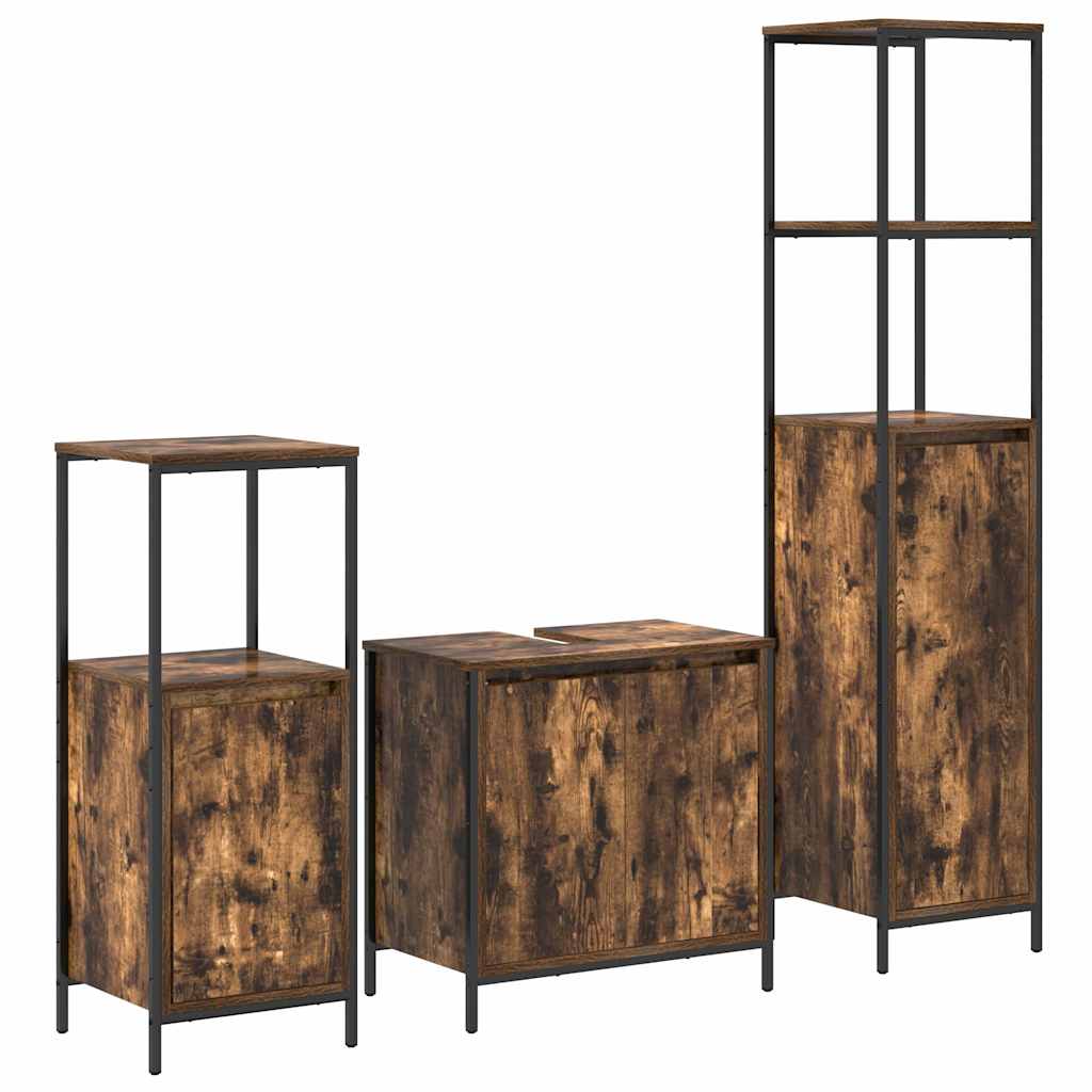 Juego de muebles de baño con puerta 3 pcs Roble Ahumado y Negro