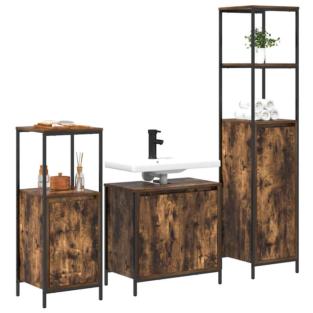 Juego de muebles de baño con puerta 3 pcs Roble Ahumado y Negro