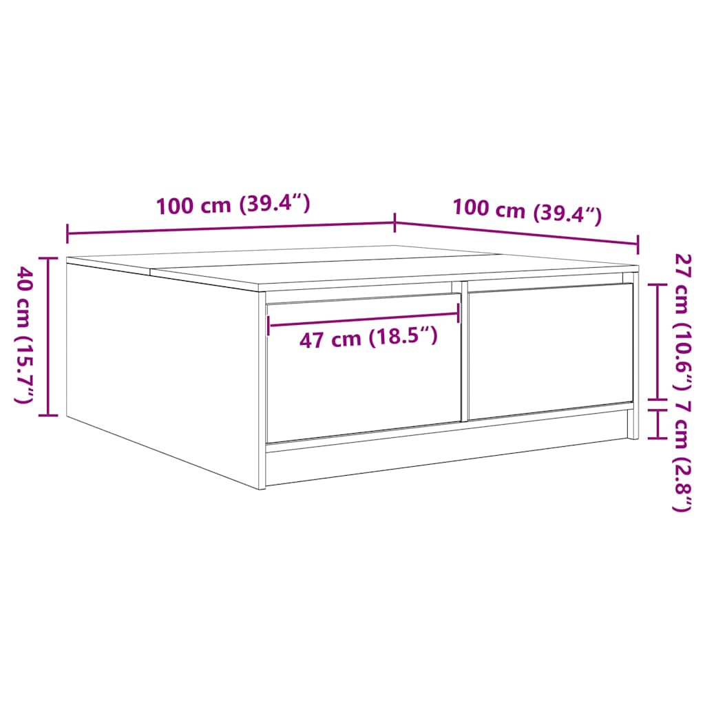 Mesa de centro con cajones blanca 100x100x40 cm