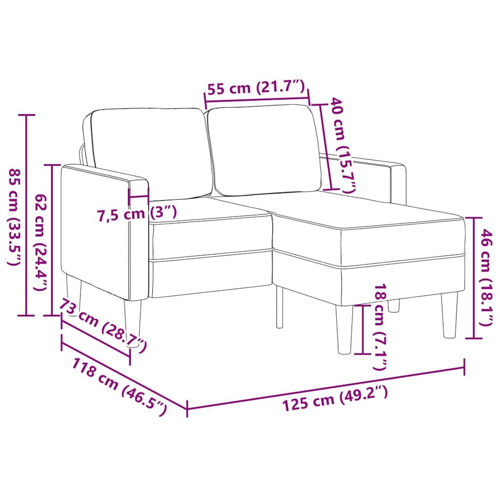 Sofá 2 plazas con chaise longue en forma L amarillo 125 cm
