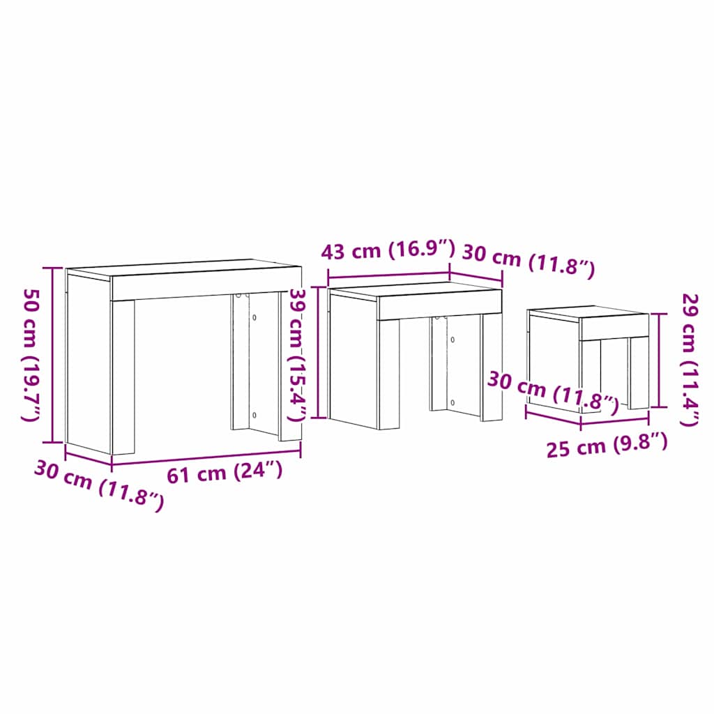 Mesas Nido 3 pcs Roble Negro Madera de ingeniería