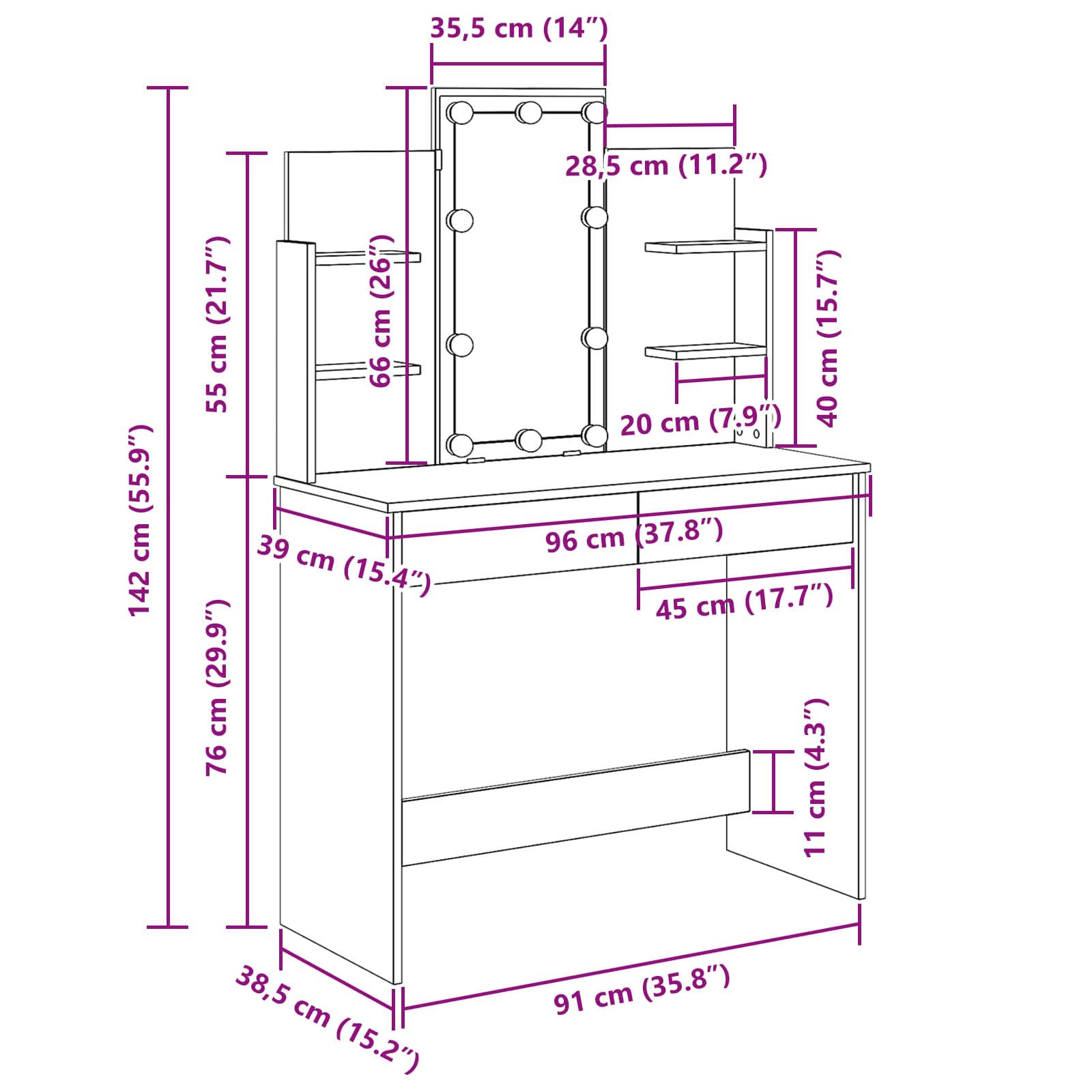 Mesa Tocador Roble Negro 96 x 39 x 142 cm Madera de ingeniería