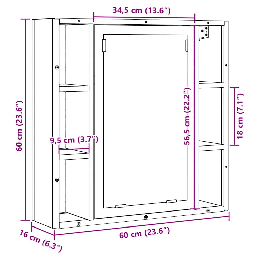Armario de baño con espejo de madera de ingeniería de roble negro 60x16x60 cm